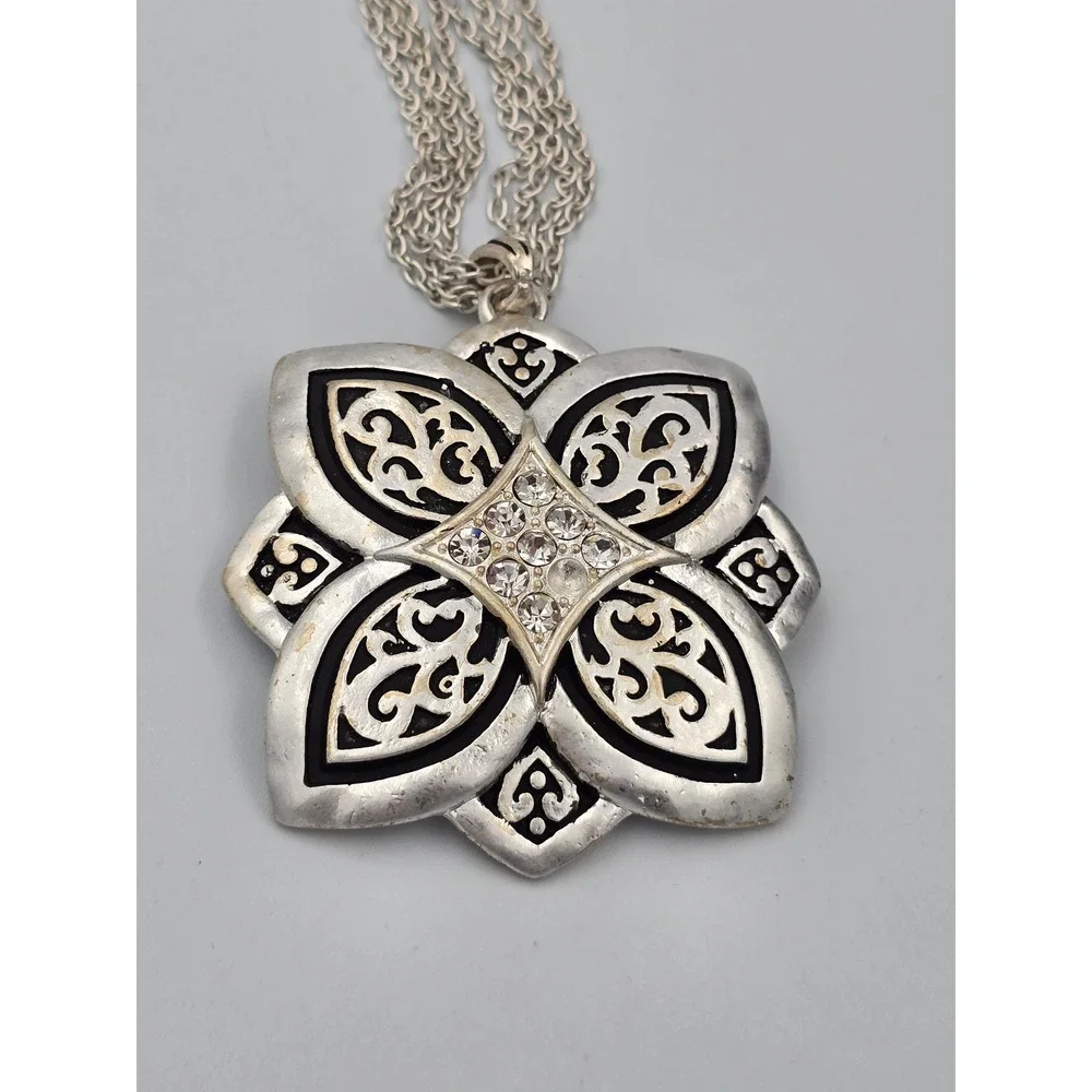 Fashion Silver Tone Multi-Chain Necklace Large Floral Filigree Pendant Clear - Picture 7 of 9